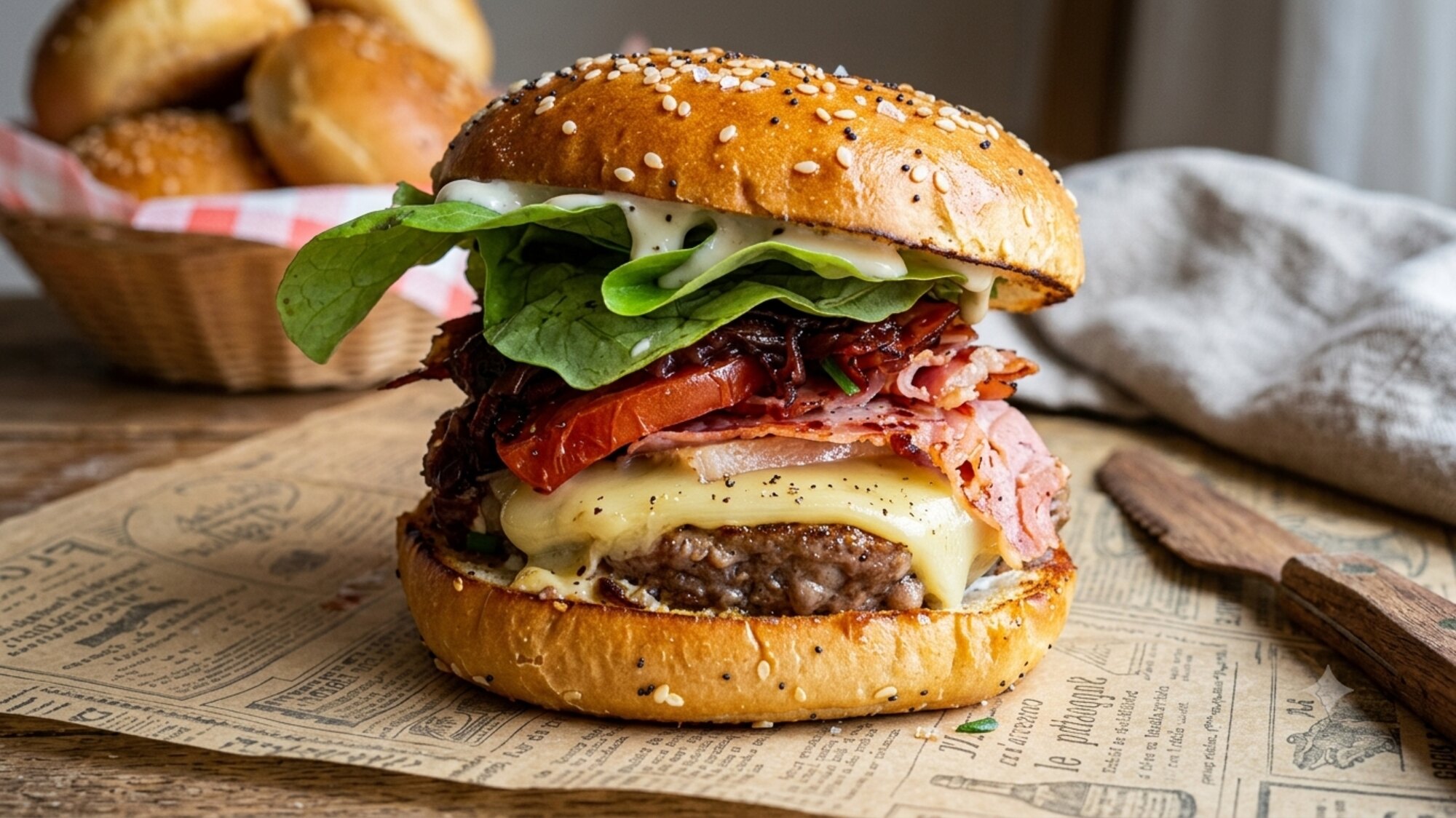 Le burger signature de La Baraque d'en Haut : pain au sésame, steak Vertaco, fromage du Vercors, charcuterie, tomate et salade